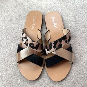 Charlie Paige Leopard Print Sandals - Black and Gold 7